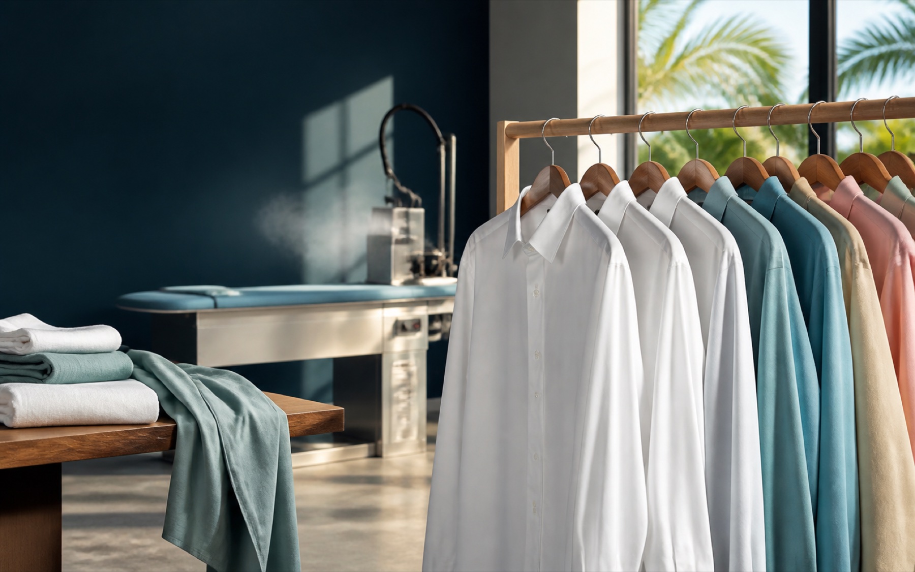 Freshly pressed shirts in a professional garment-care studio